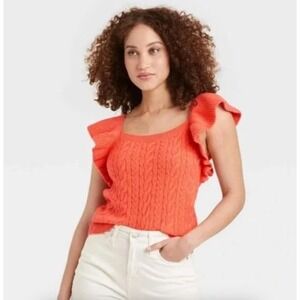 A New‎ Day Orange Cable Knit Sweater Tank Ruffle Flutter Sleeves Cottagecore M